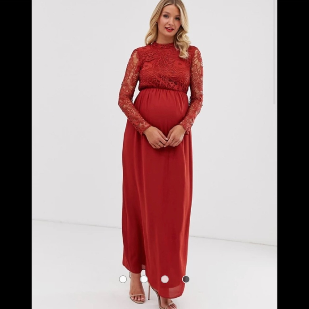 Red Maternity maxi dress long sleeve high neck lace empire waist